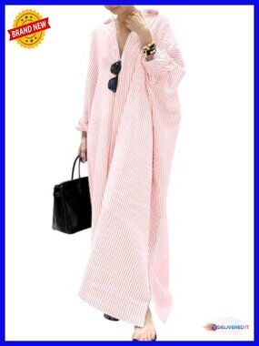Long Sleeve Button Down Striped Cotton Maxi Shirt Dress